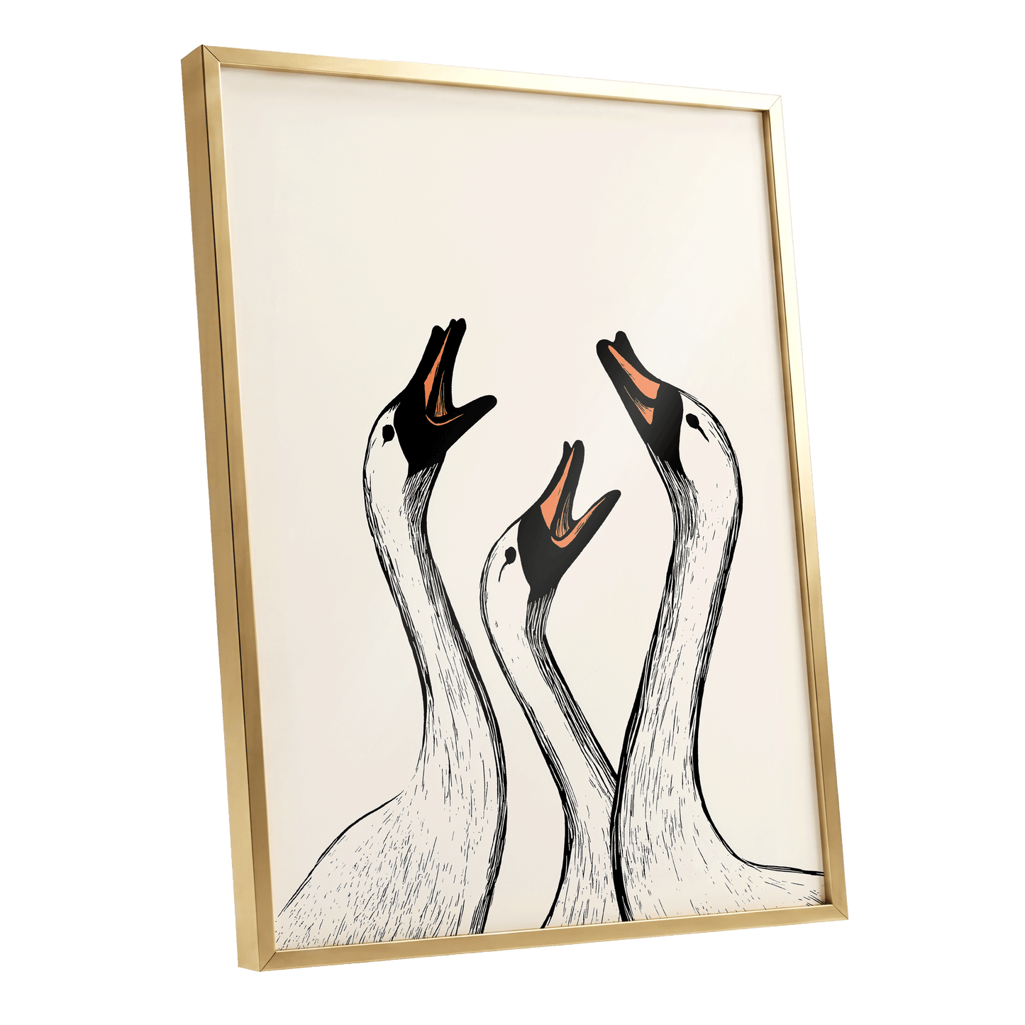 Chorus of Geese, black, beige, orange nature wall art shown as a gold framed poster wall art print