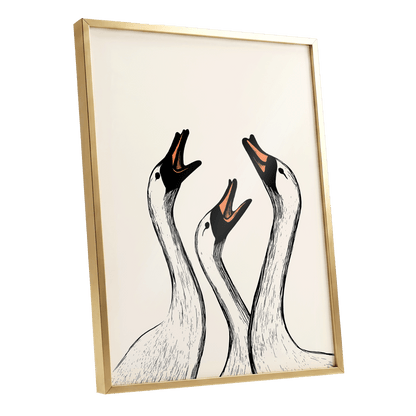 Chorus of Geese, black, beige, orange nature wall art shown as a gold framed poster wall art print