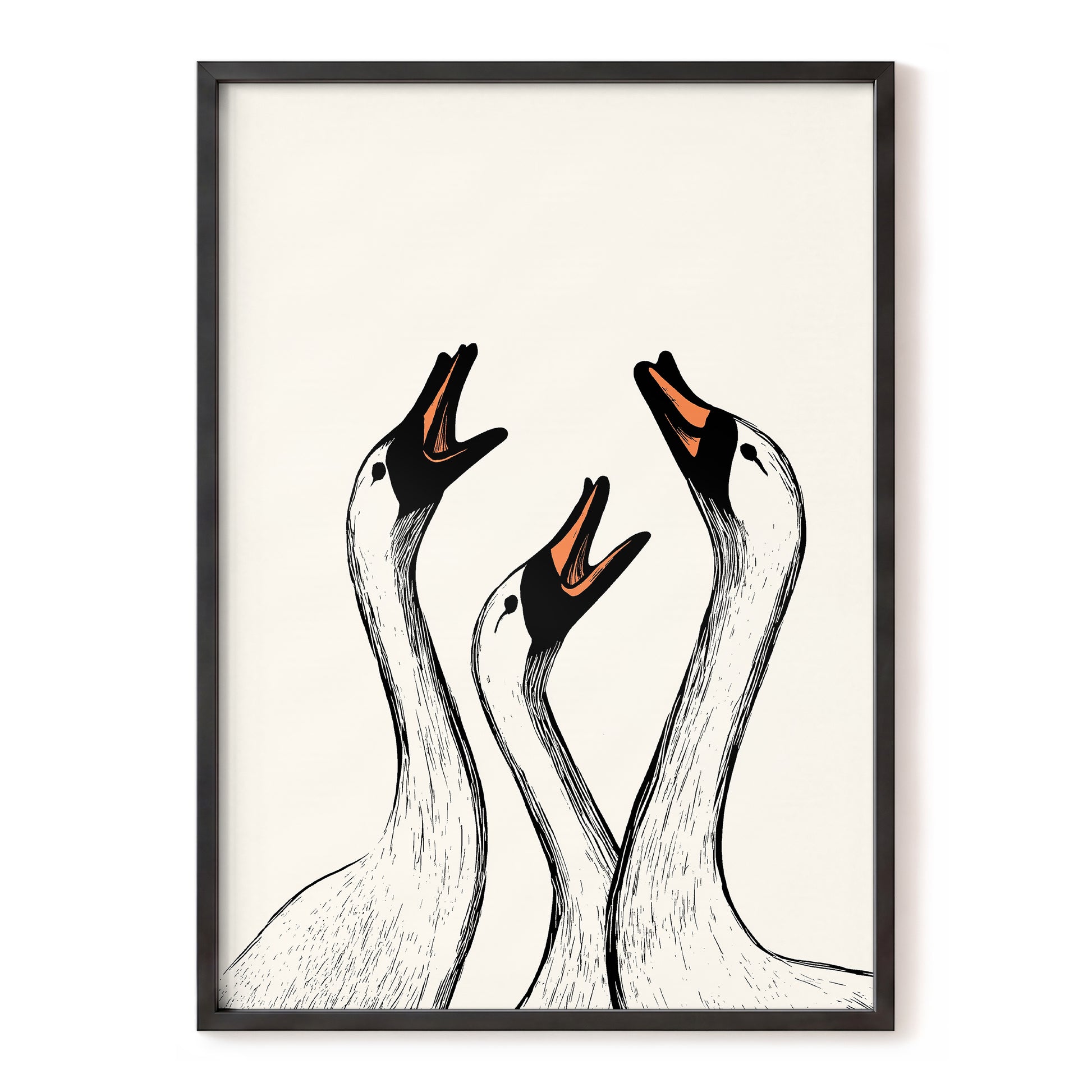 Chorus of Geese, black, beige, orange nature wall art, front artwork view