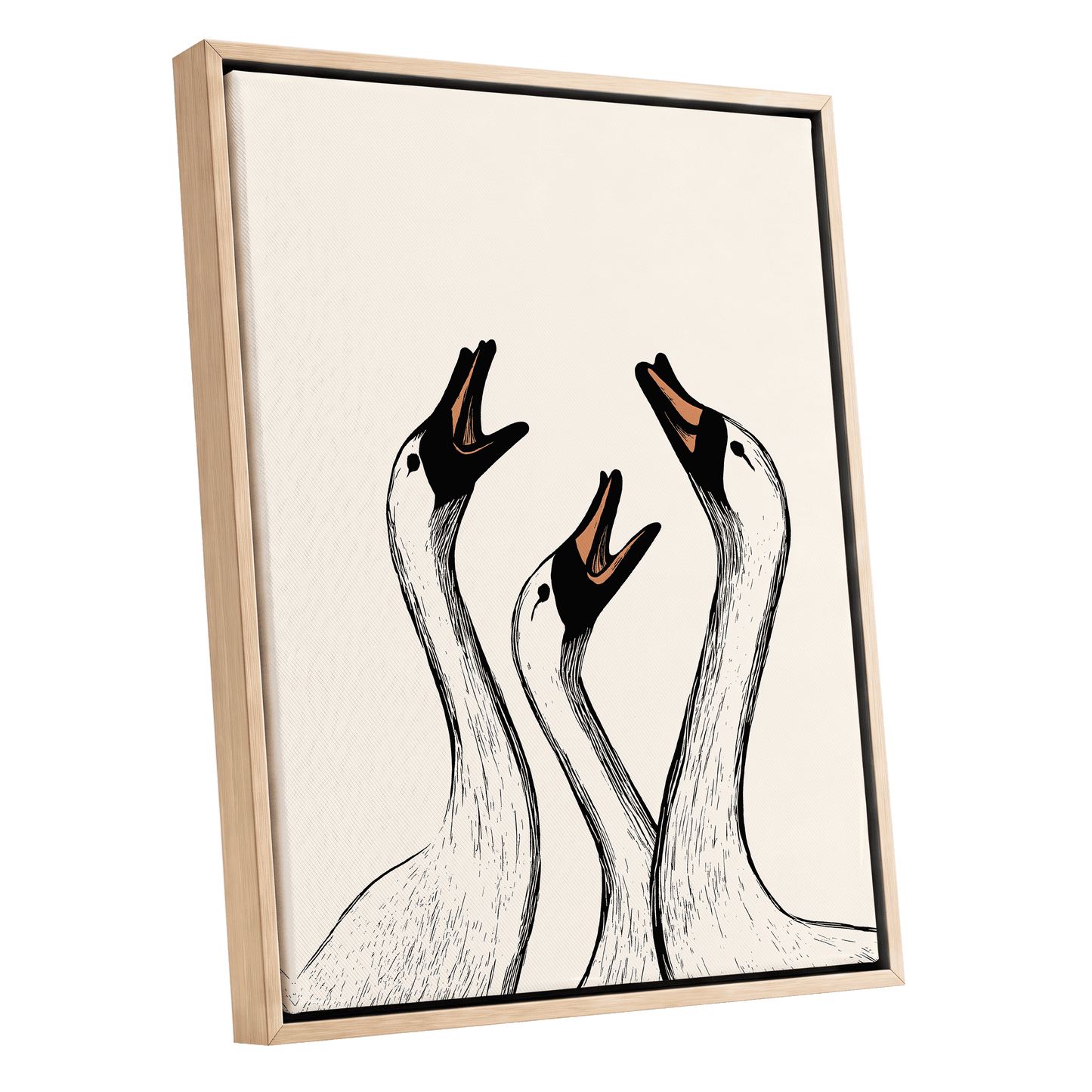 Chorus of Geese, black, beige, orange nature wall art shown as a oak framed canvas wall art