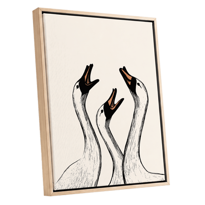 Chorus of Geese, black, beige, orange nature wall art shown as a oak framed canvas wall art