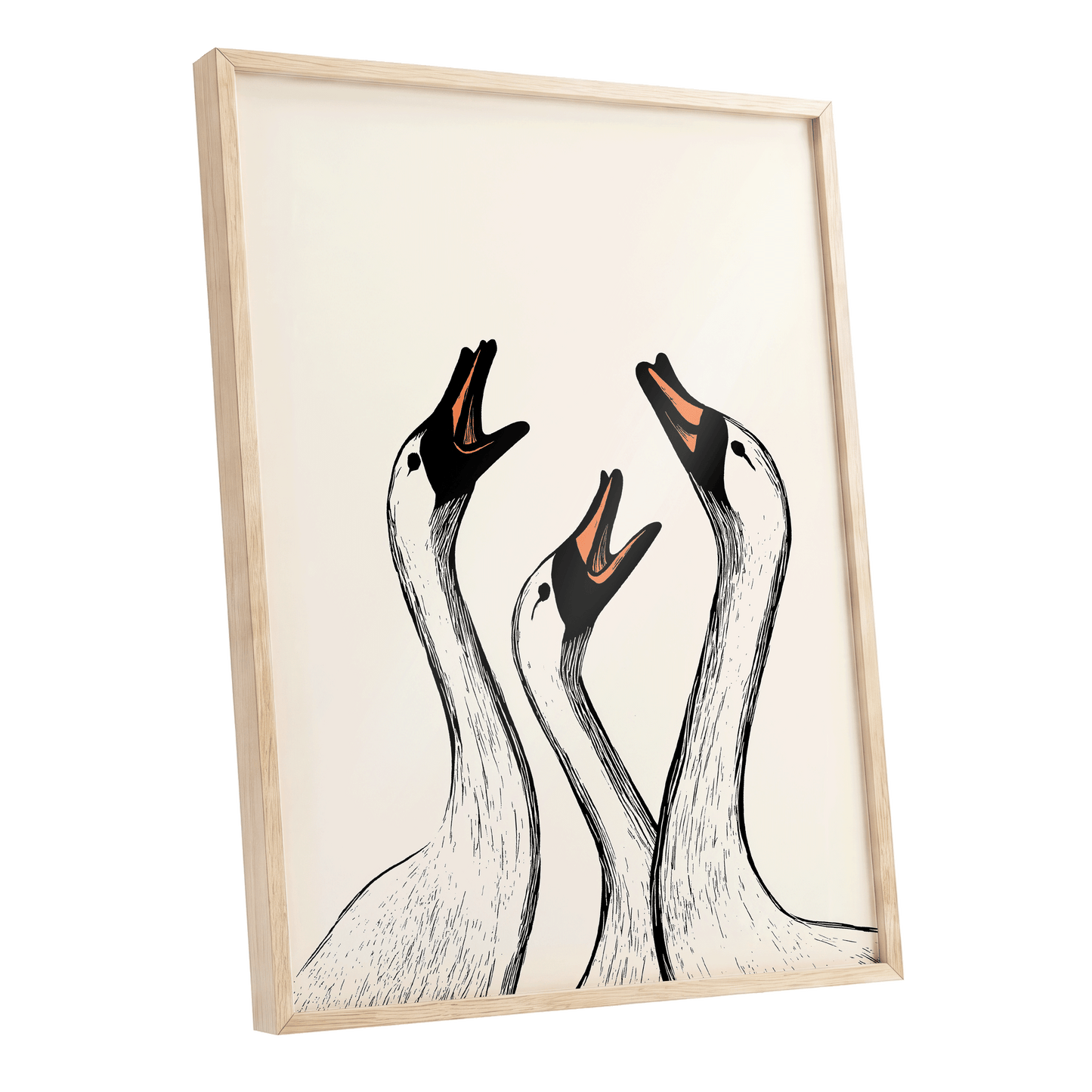 Chorus of Geese, black, beige, orange nature wall art shown as a oak framed poster wall art print