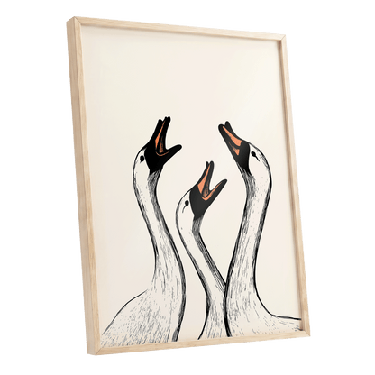 Chorus of Geese, black, beige, orange nature wall art shown as a oak framed poster wall art print