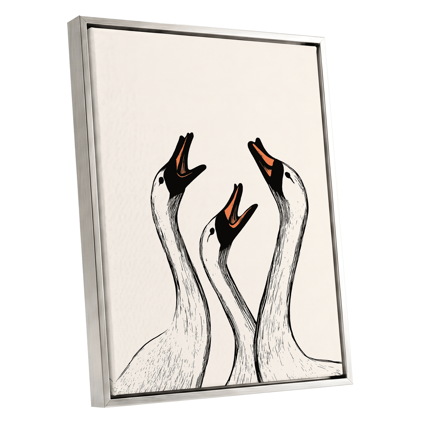 Chorus of Geese, black, beige, orange nature wall art shown as a silver framed canvas wall art