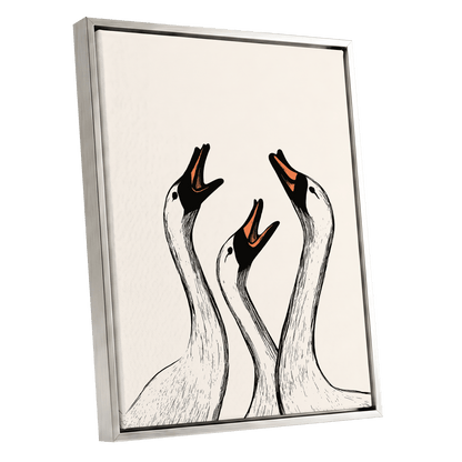 Chorus of Geese, black, beige, orange nature wall art shown as a silver framed canvas wall art
