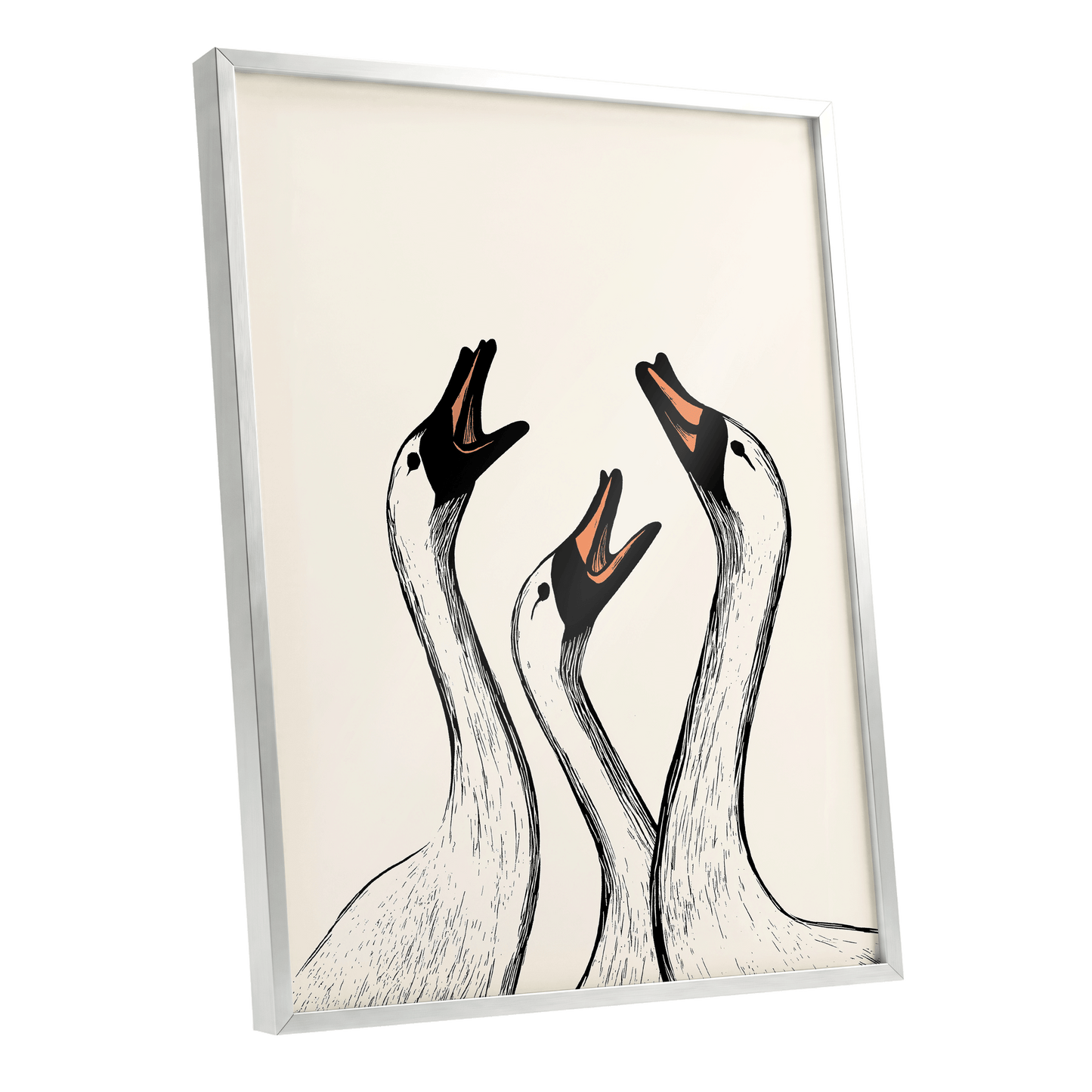 Chorus of Geese, black, beige, orange nature wall art shown as a silver framed poster wall art print