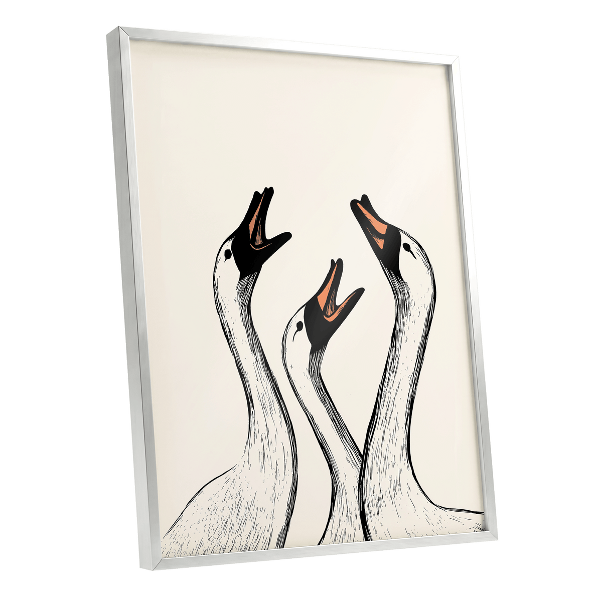 Chorus of Geese, black, beige, orange nature wall art shown as a silver framed poster wall art print