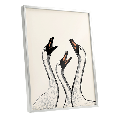Chorus of Geese, black, beige, orange nature wall art shown as a silver framed poster wall art print
