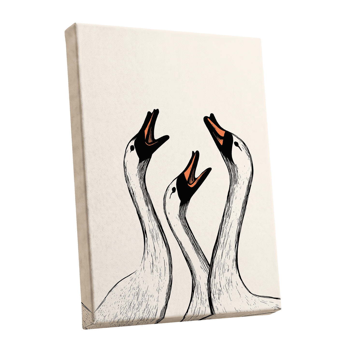 Chorus of Geese, black, beige, orange nature wall art shown as a stretched canvas wall art