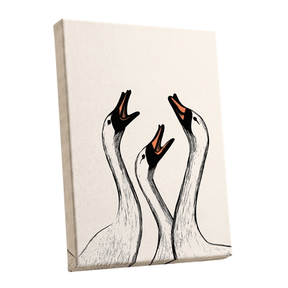 Chorus of Geese, black, beige, orange nature wall art shown as a stretched canvas wall art