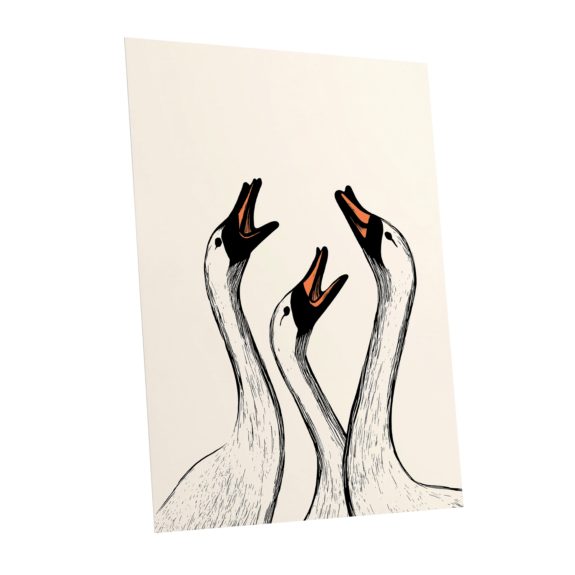 Chorus of Geese, black, beige, orange nature wall art shown as a unframed poster wall art print