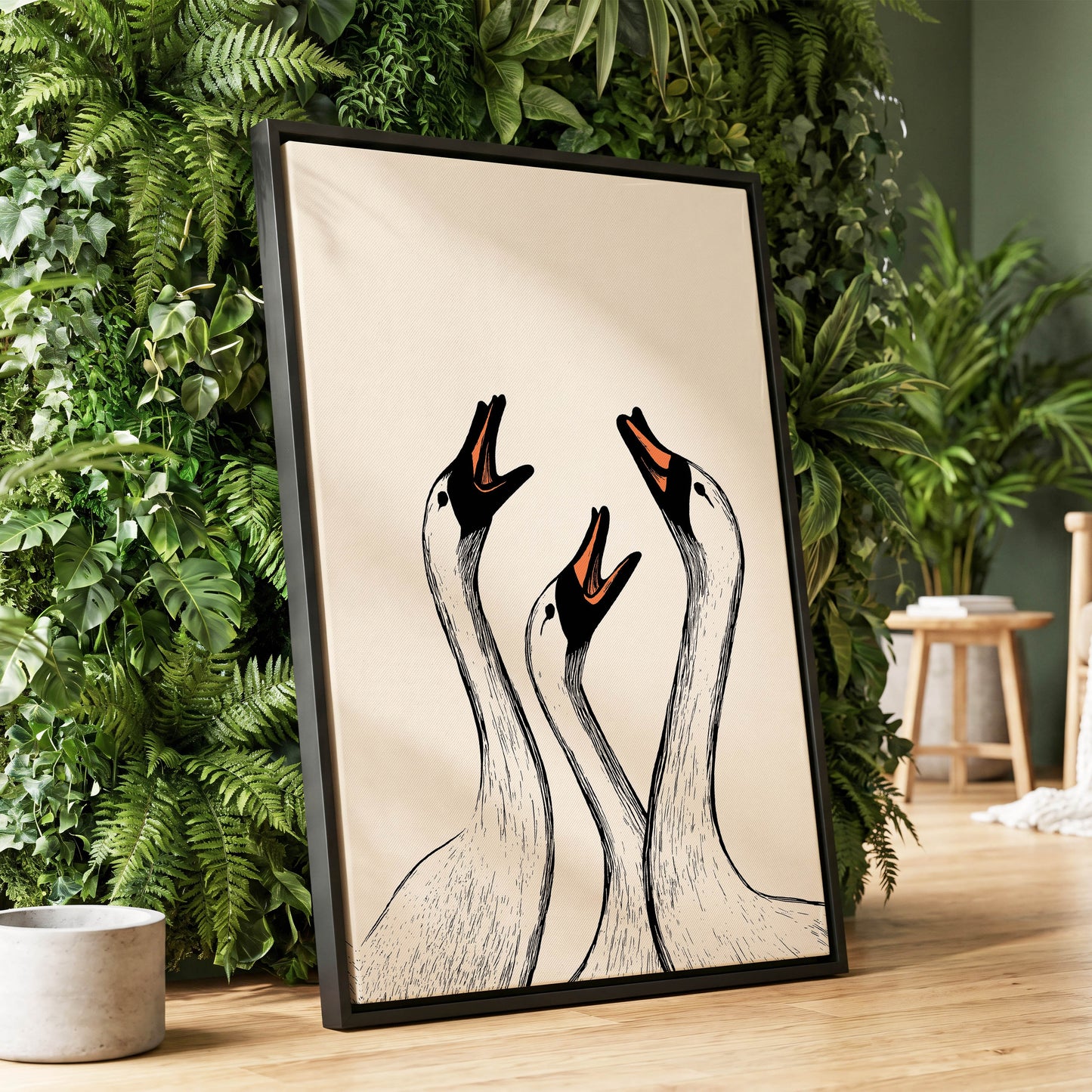 Chorus of Geese, black, beige, orange nature wall art displayed in a styled interior, gallery view 1