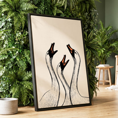 Chorus of Geese, black, beige, orange nature wall art displayed in a styled interior, gallery view 1
