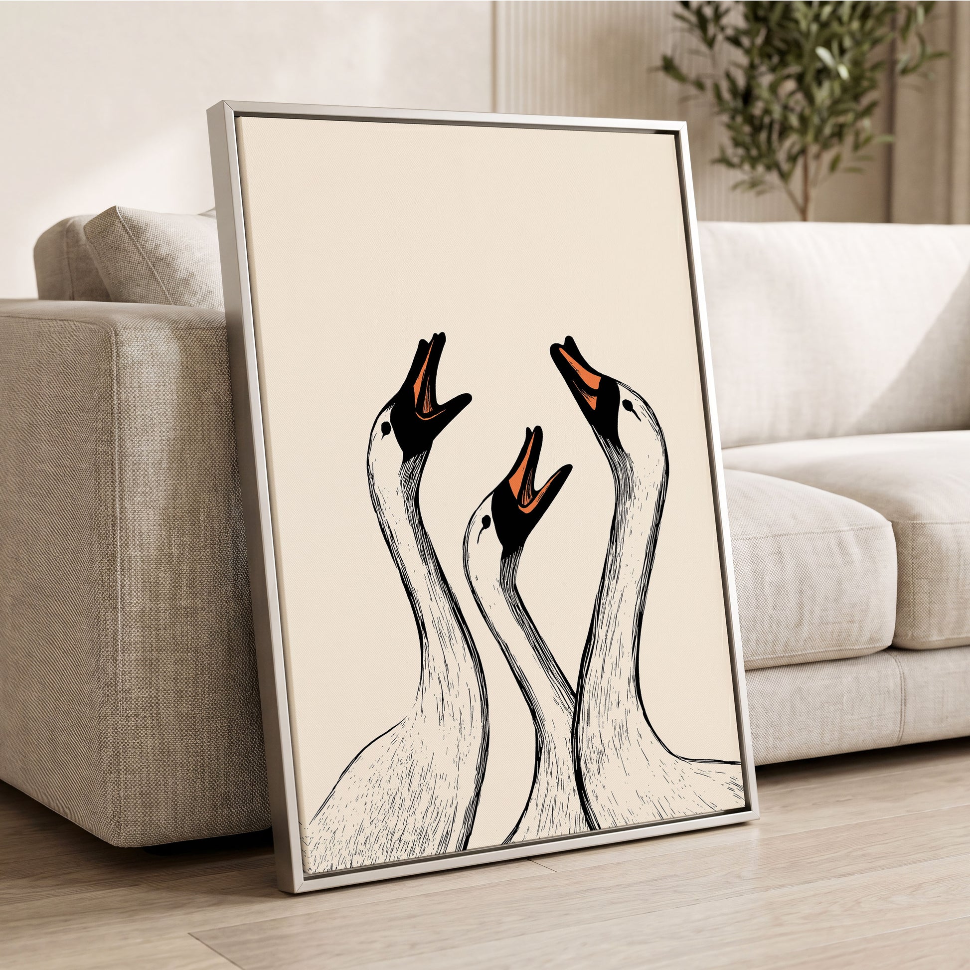 Chorus of Geese, black, beige, orange nature wall art displayed in a styled interior, gallery view 2