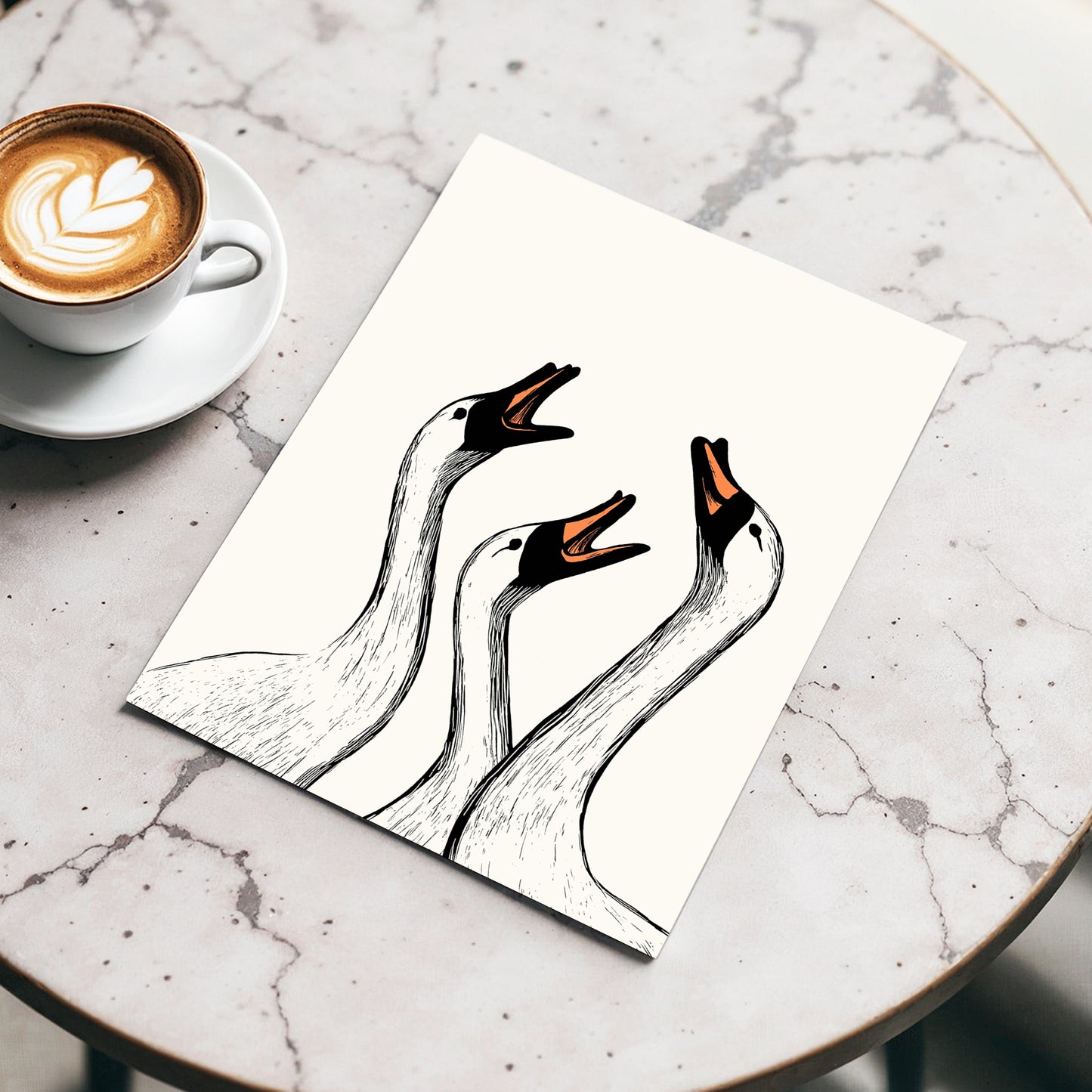 Chorus of Geese, black, beige, orange nature wall art displayed in a styled interior, gallery view 3