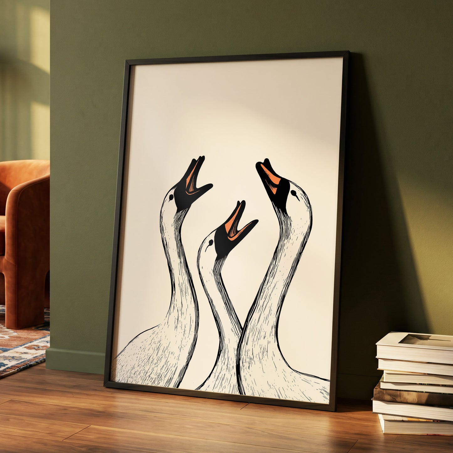 Chorus of Geese, black, beige, orange nature wall art displayed in a styled interior, gallery view 4