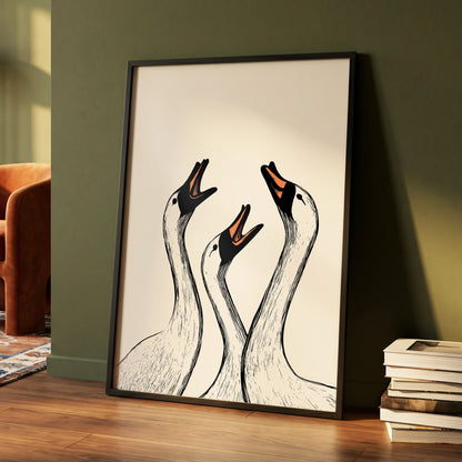 Chorus of Geese, black, beige, orange nature wall art displayed in a styled interior, gallery view 4