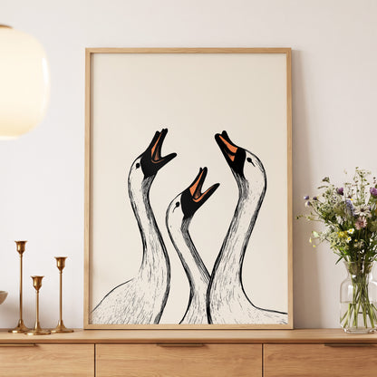 Chorus of Geese, black, beige, orange nature wall art displayed in a styled interior, gallery view 5
