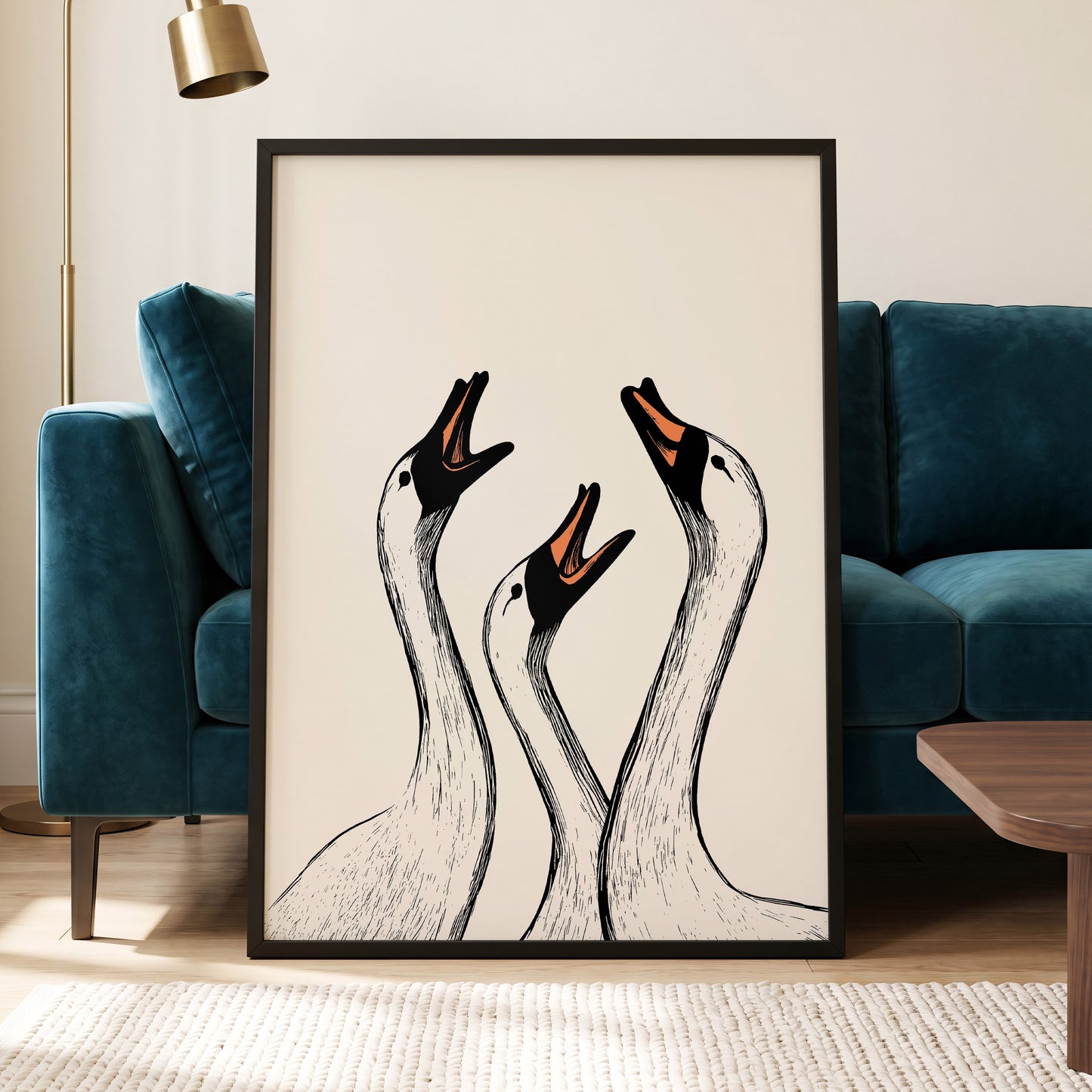 Chorus of Geese, black, beige, orange nature wall art displayed in a styled interior, gallery view 6