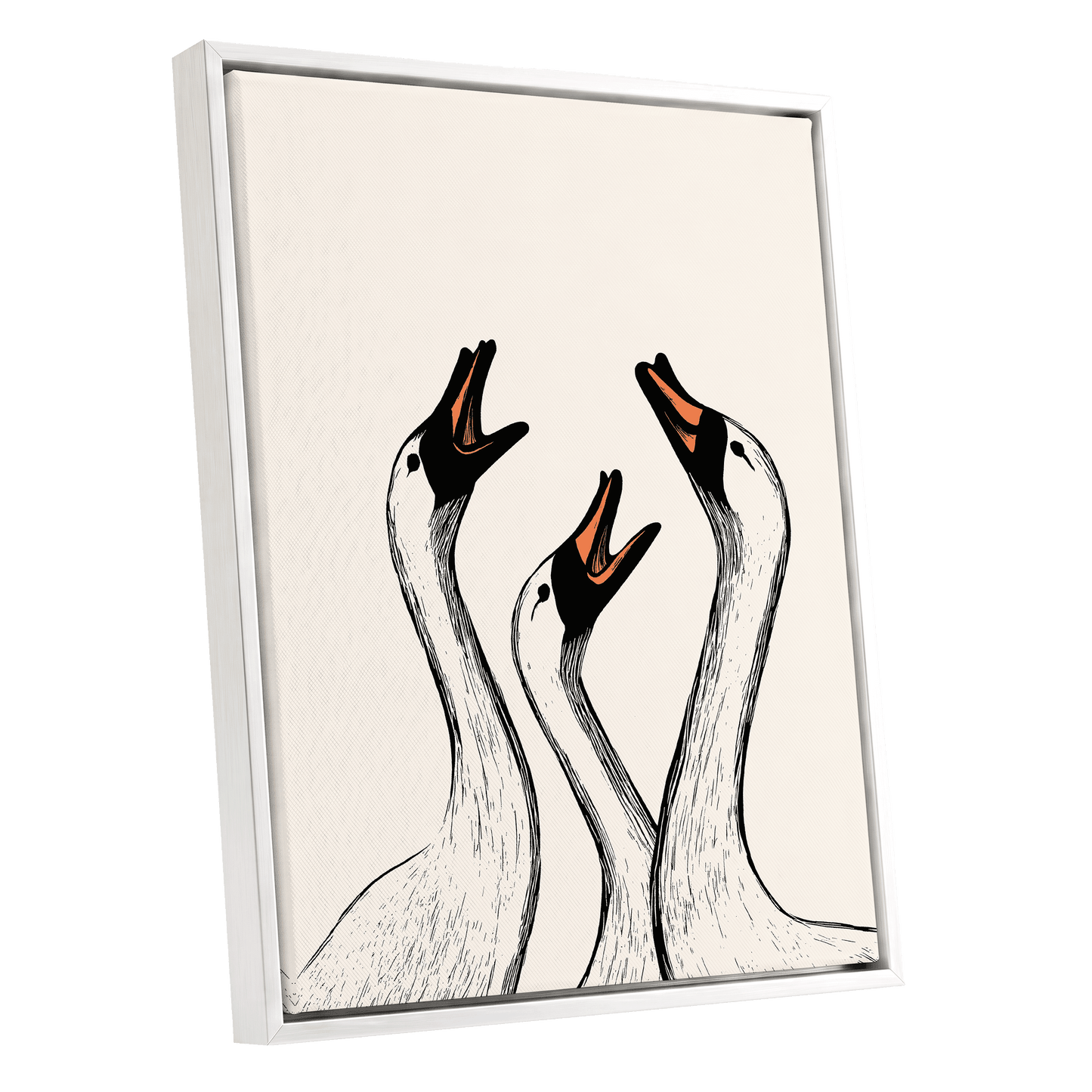 Chorus of Geese, black, beige, orange nature wall art shown as a white framed canvas wall art