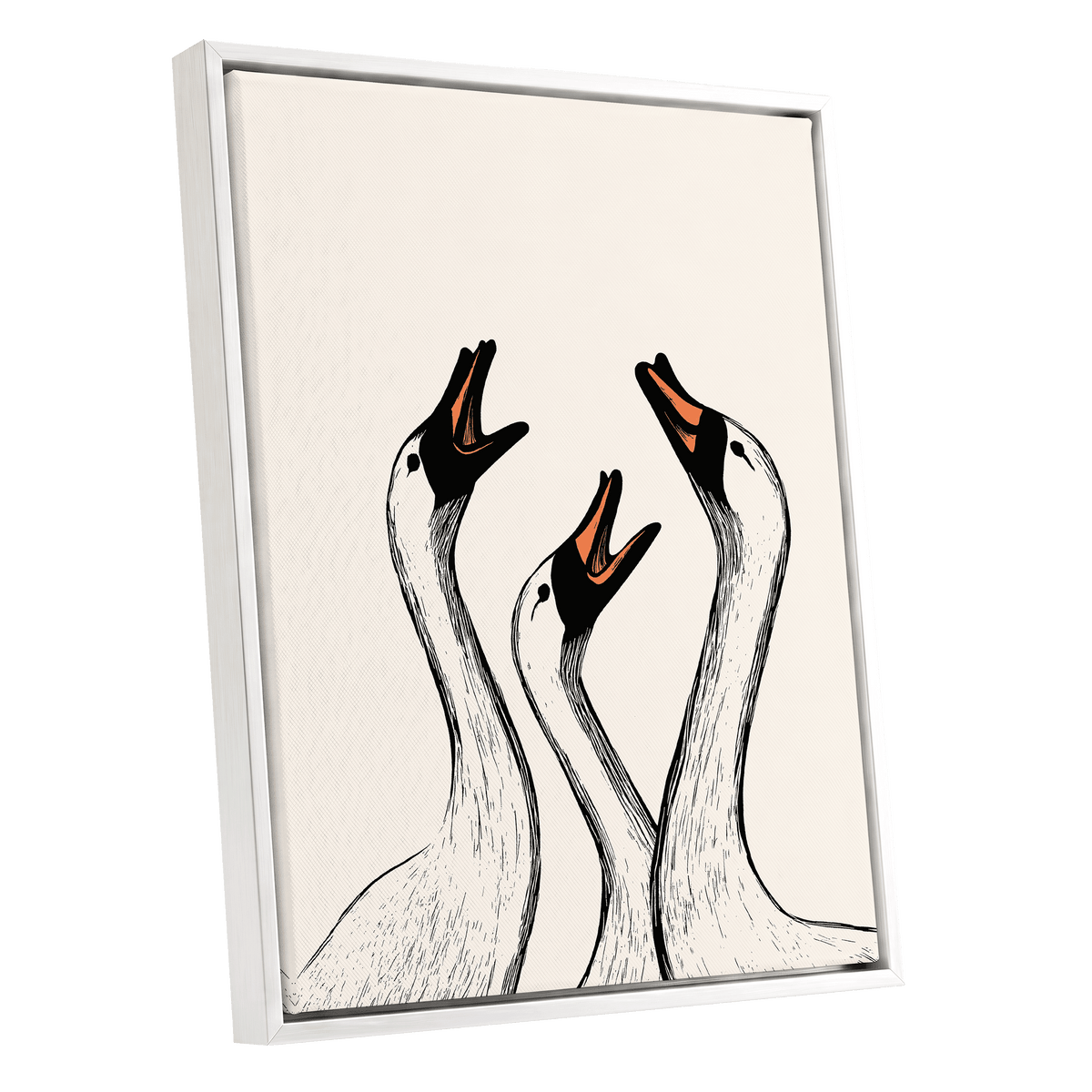 Chorus of Geese, black, beige, orange nature wall art shown as a white framed canvas wall art