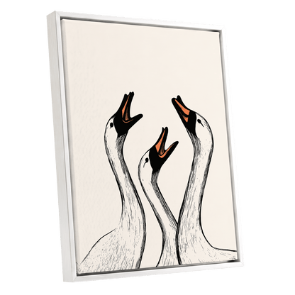 Chorus of Geese, black, beige, orange nature wall art shown as a white framed canvas wall art
