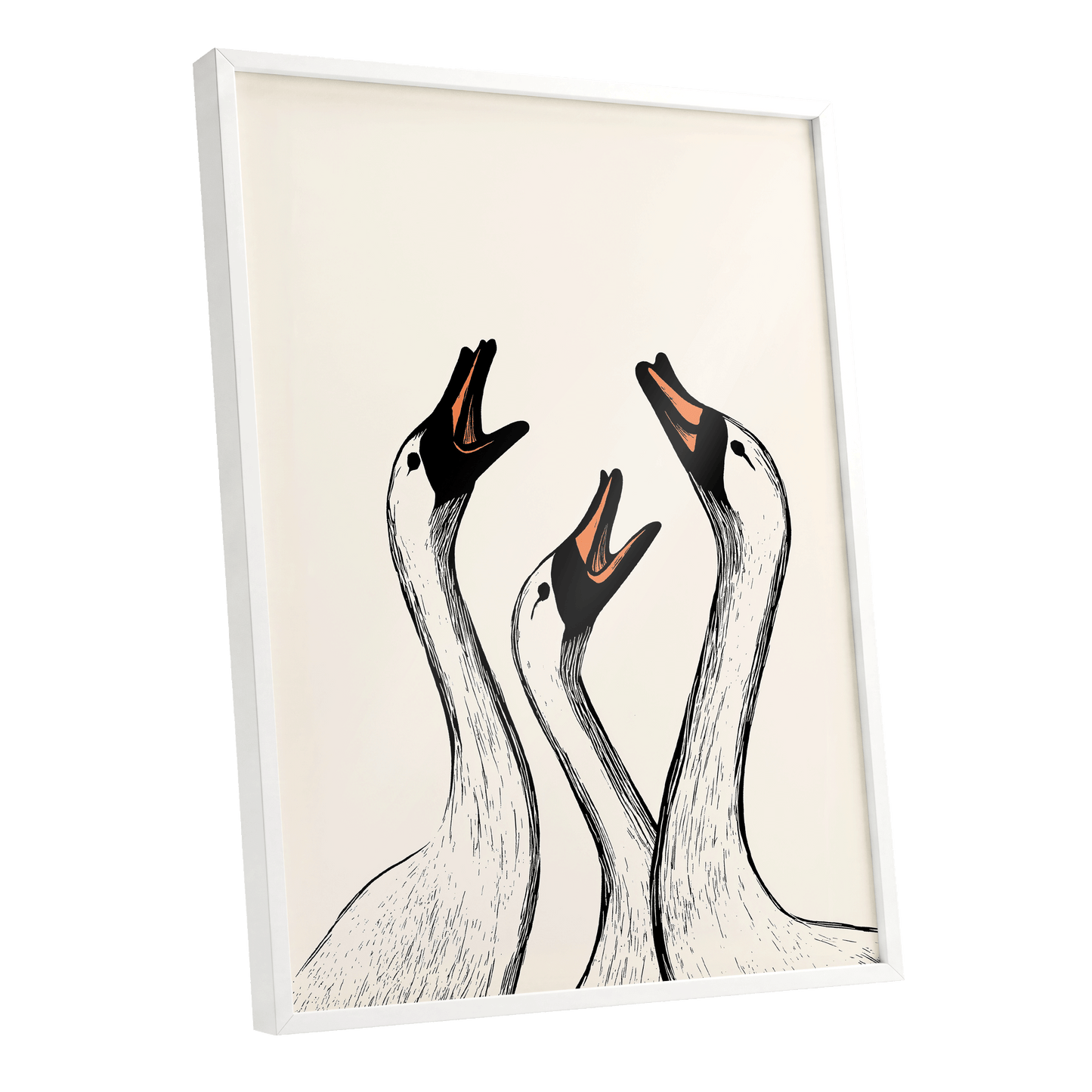 Chorus of Geese, black, beige, orange nature wall art shown as a white framed poster wall art print