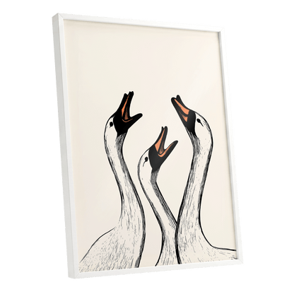 Chorus of Geese, black, beige, orange nature wall art shown as a white framed poster wall art print