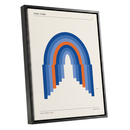 Chromatic Archways, blue, orange, beige minimalist wall art shown as a black framed canvas wall art