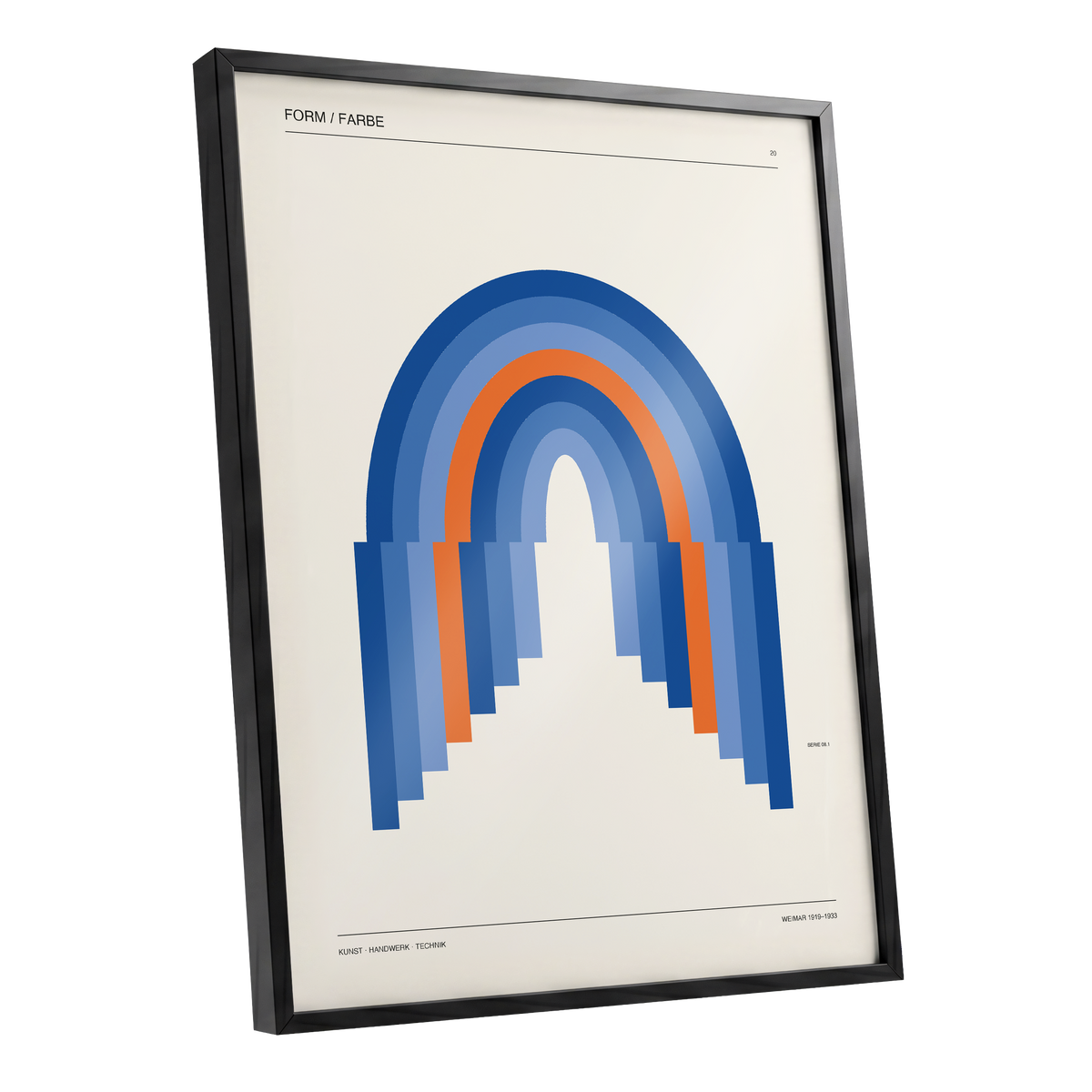 Chromatic Archways, blue, orange, beige minimalist wall art shown as a black framed poster wall art print