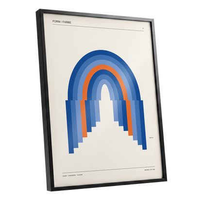 Chromatic Archways, blue, orange, beige minimalist wall art shown as a black framed poster wall art print
