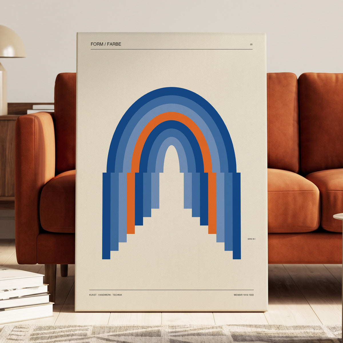 Chromatic Archways, blue, orange, beige minimalist wall art on canvas displayed in a styled interior, gallery view 1
