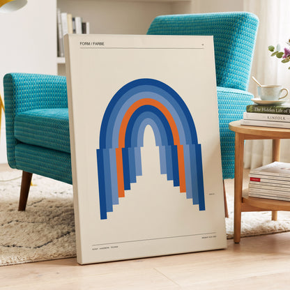 Chromatic Archways, blue, orange, beige minimalist wall art on canvas displayed in a styled interior, gallery view 2