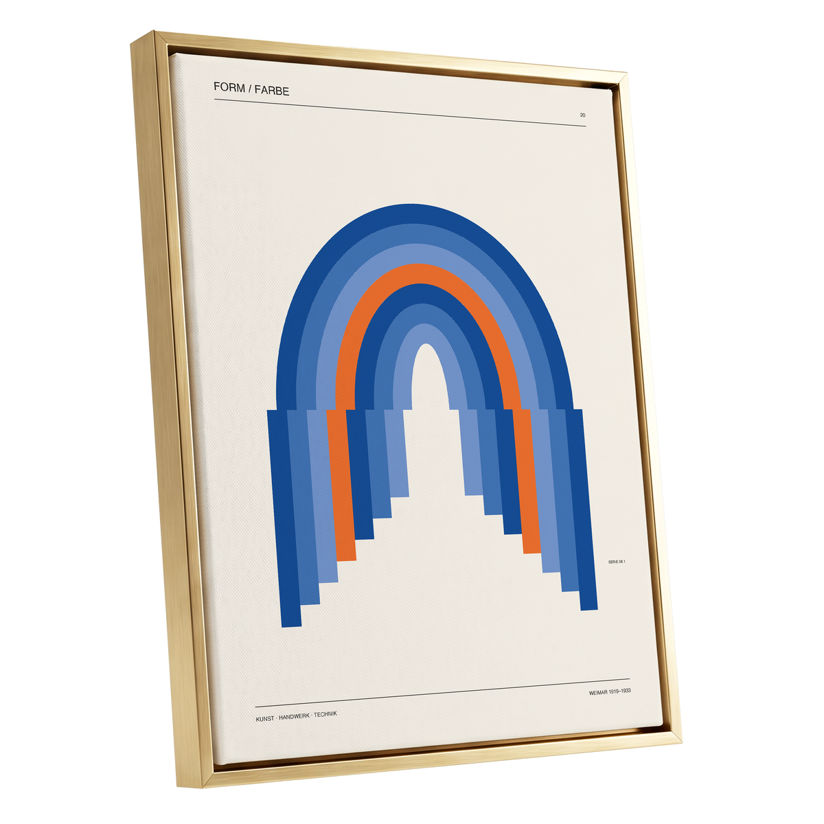 Chromatic Archways, blue, orange, beige minimalist wall art shown as a gold framed canvas wall art