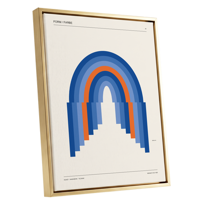 Chromatic Archways, blue, orange, beige minimalist wall art shown as a gold framed canvas wall art