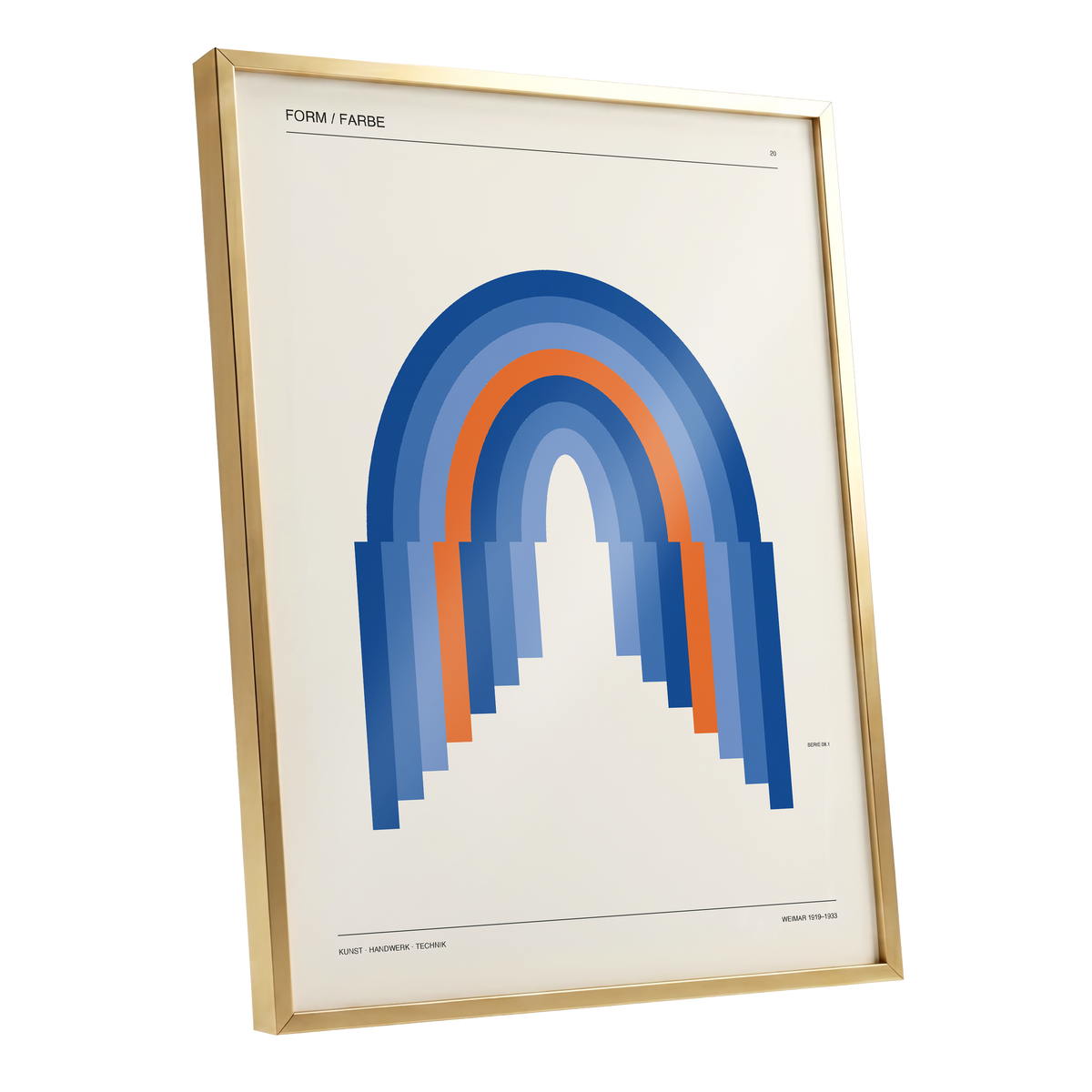 Chromatic Archways, blue, orange, beige minimalist wall art shown as a gold framed poster wall art print