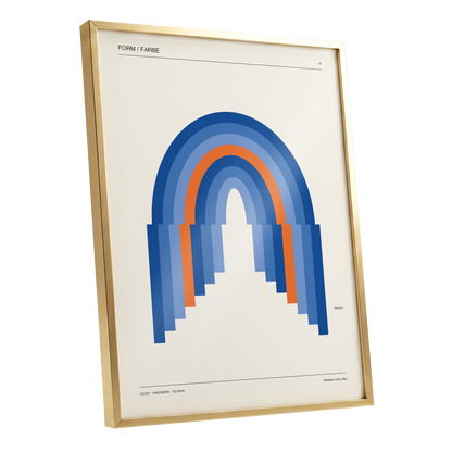 Chromatic Archways, blue, orange, beige minimalist wall art shown as a gold framed poster wall art print