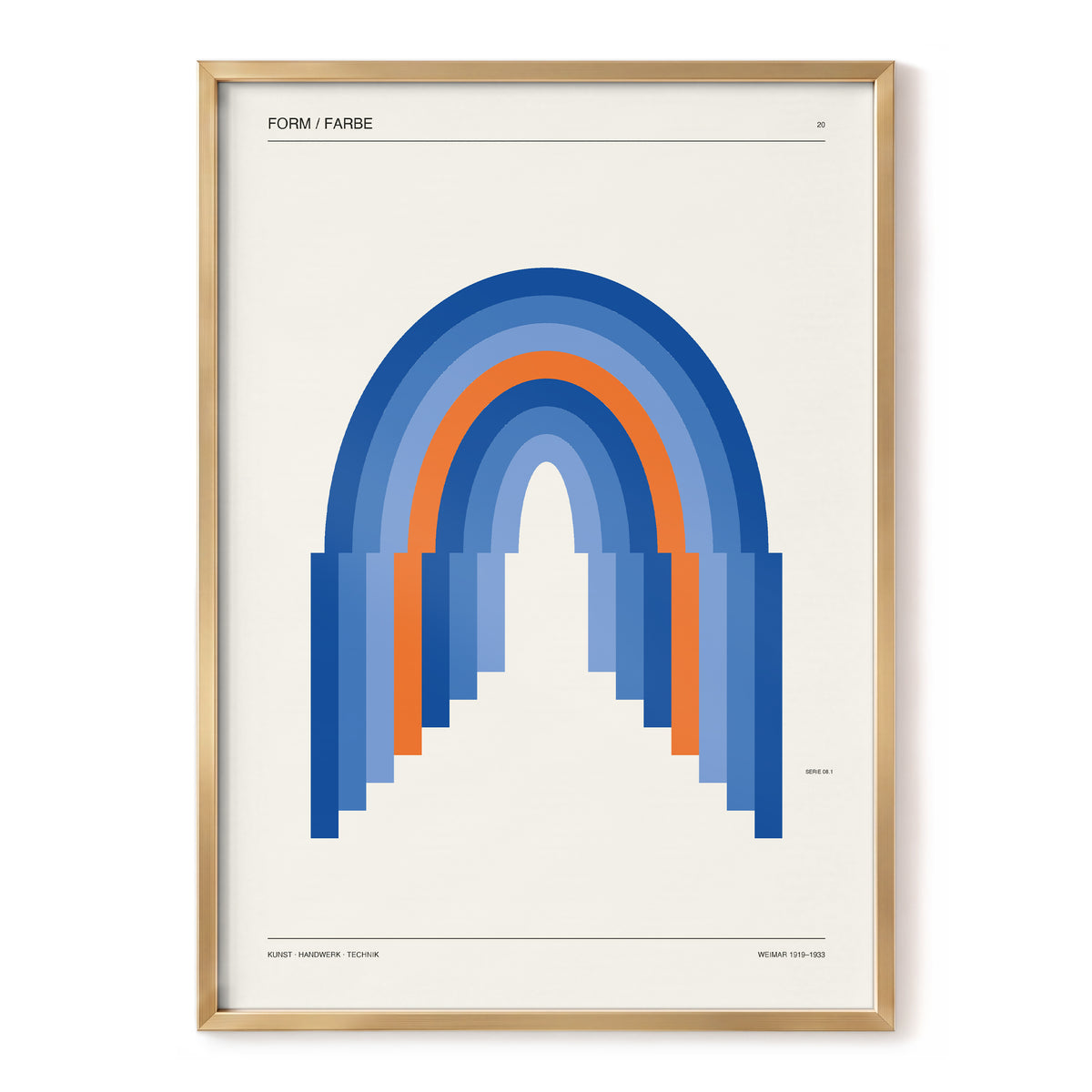 Chromatic Archways, blue, orange, beige minimalist wall art, front artwork view