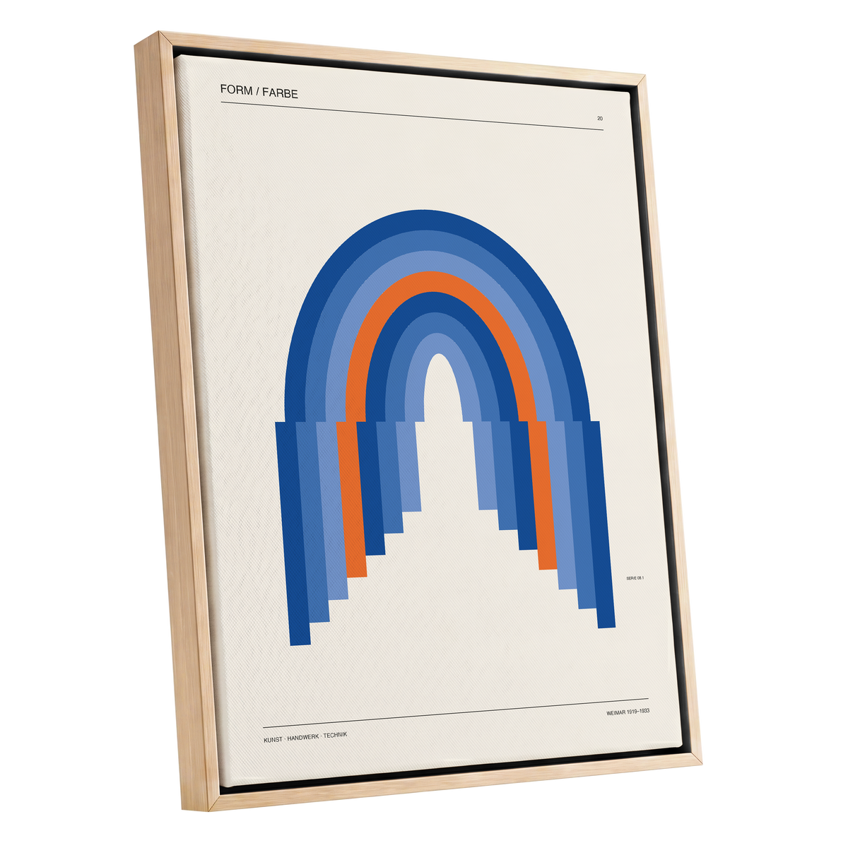 Chromatic Archways, blue, orange, beige minimalist wall art shown as a oak framed canvas wall art