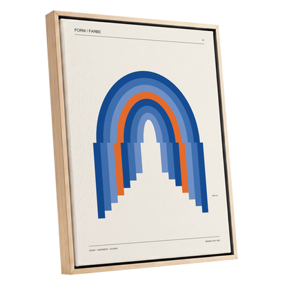Chromatic Archways, blue, orange, beige minimalist wall art shown as a oak framed canvas wall art