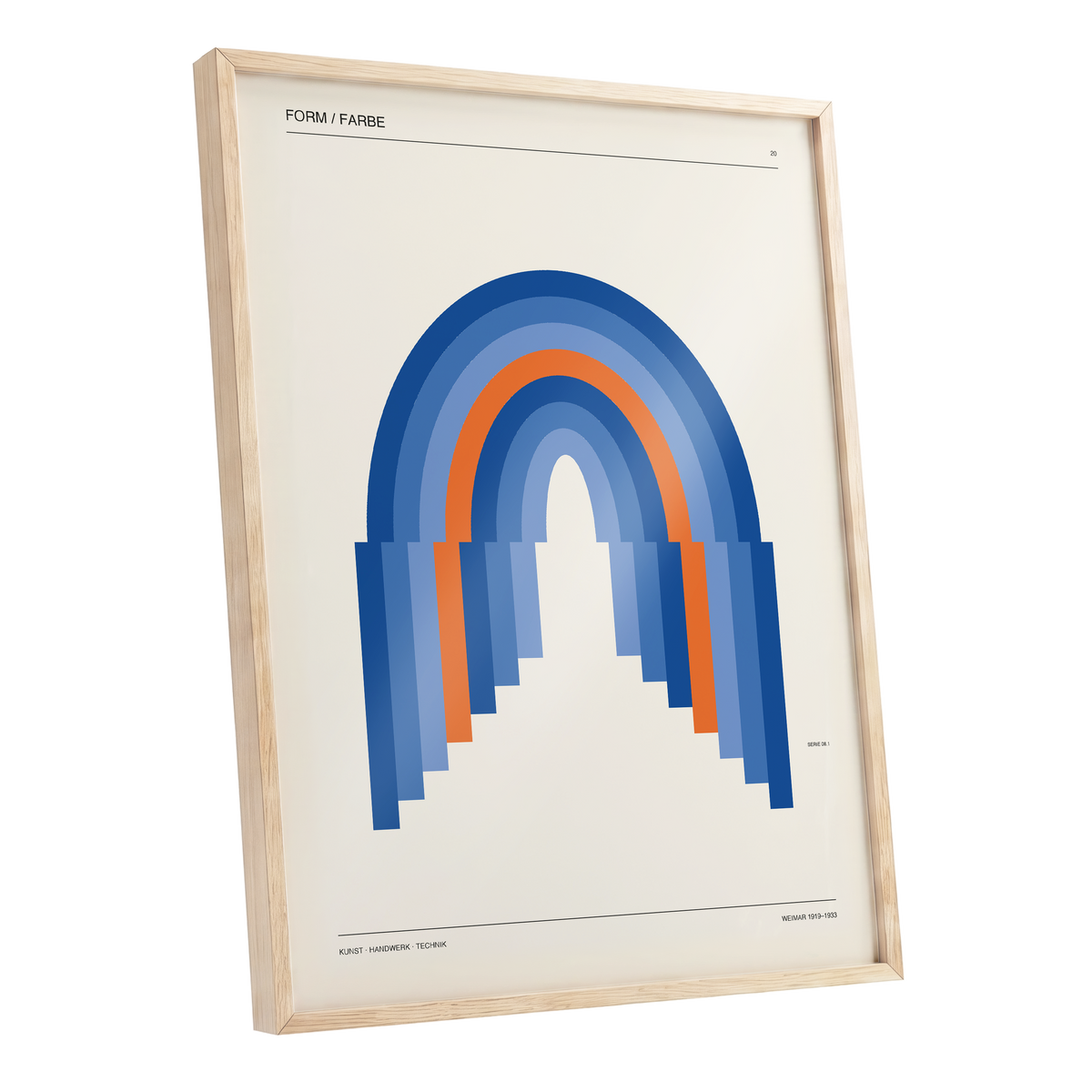 Chromatic Archways, blue, orange, beige minimalist wall art shown as a oak framed poster wall art print