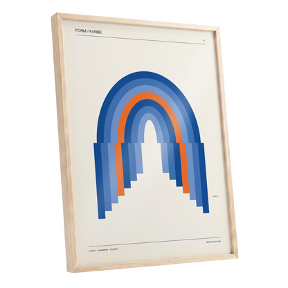 Chromatic Archways, blue, orange, beige minimalist wall art shown as a oak framed poster wall art print