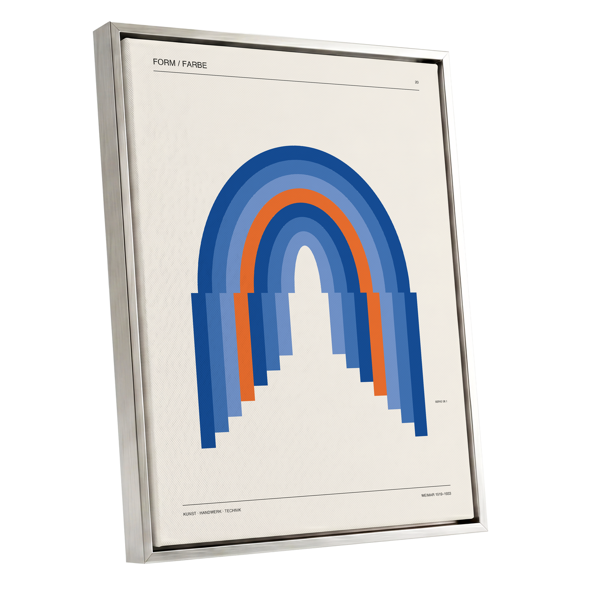 Chromatic Archways, blue, orange, beige minimalist wall art shown as a silver framed canvas wall art