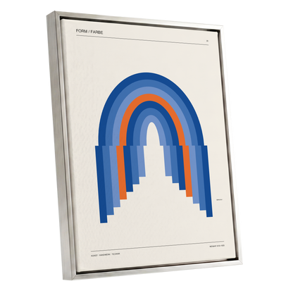 Chromatic Archways, blue, orange, beige minimalist wall art shown as a silver framed canvas wall art