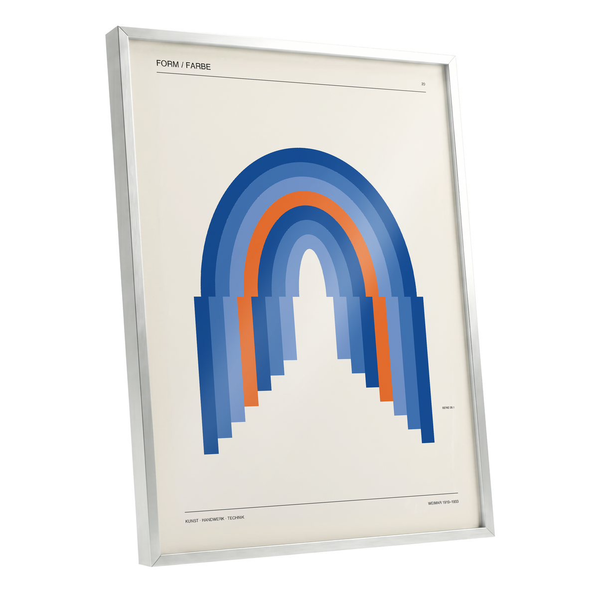 Chromatic Archways, blue, orange, beige minimalist wall art shown as a silver framed poster wall art print