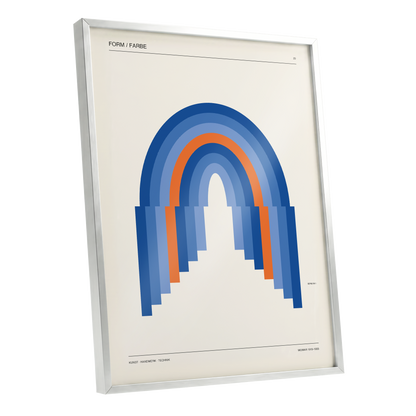 Chromatic Archways, blue, orange, beige minimalist wall art shown as a silver framed poster wall art print