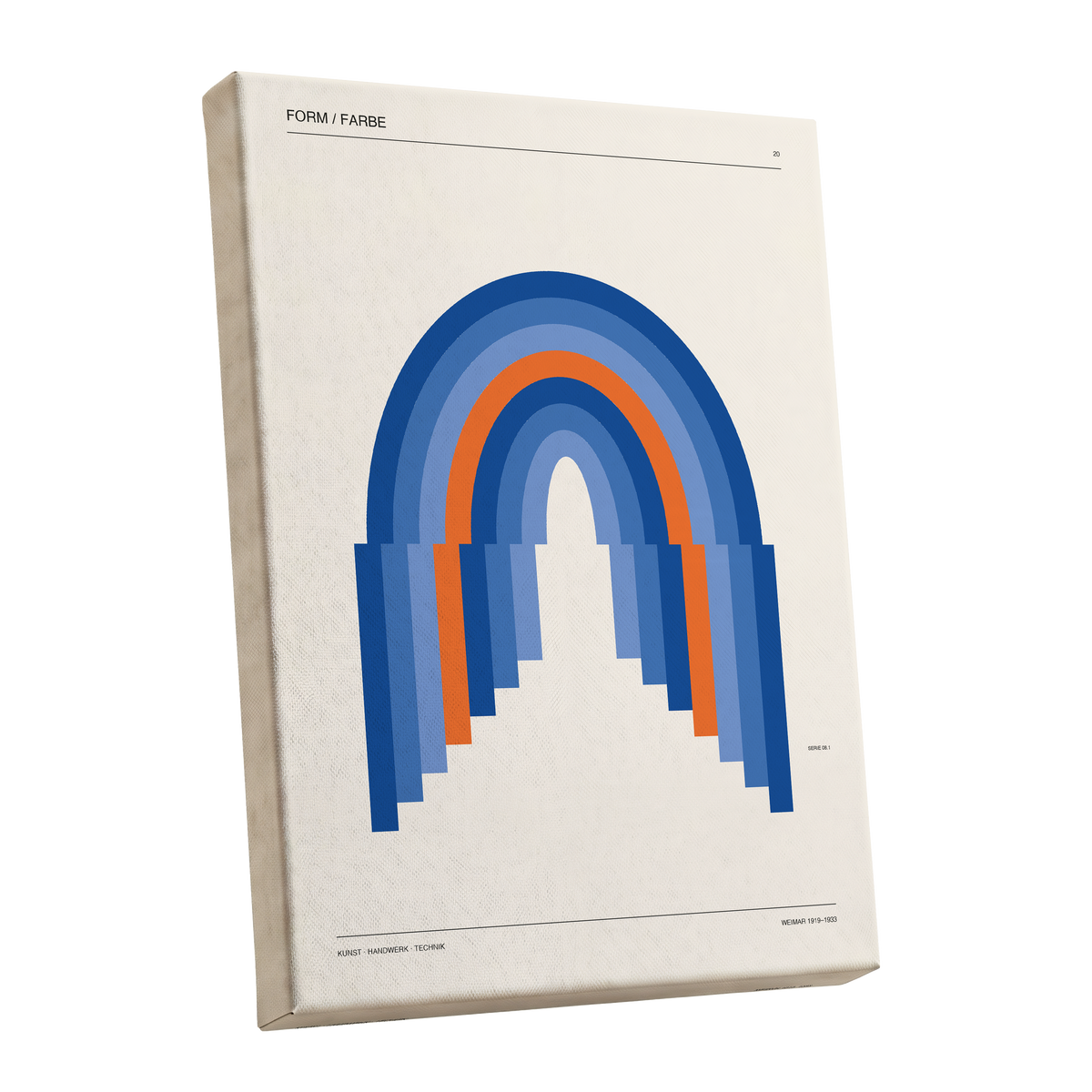 Chromatic Archways, blue, orange, beige minimalist wall art shown as a stretched canvas wall art