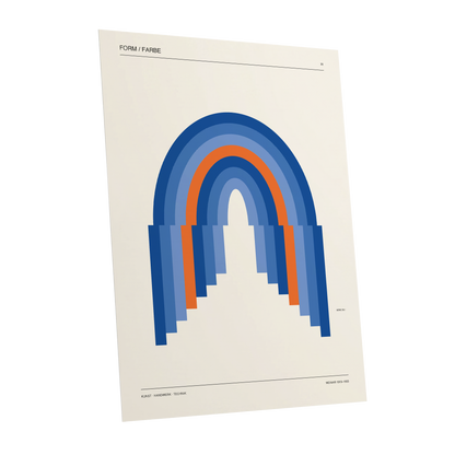 Chromatic Archways, blue, orange, beige minimalist wall art shown as a unframed poster wall art print