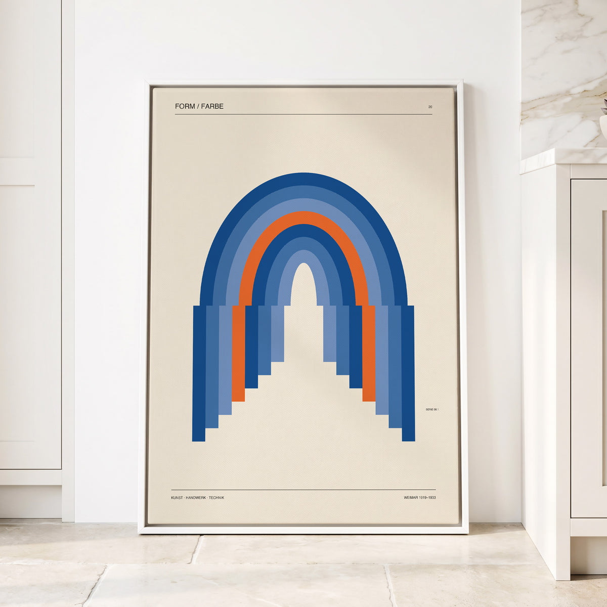 Chromatic Archways, blue, orange, beige minimalist wall art displayed in a styled interior, gallery view 1