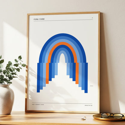 Chromatic Archways, blue, orange, beige minimalist wall art displayed in a styled interior, gallery view 2